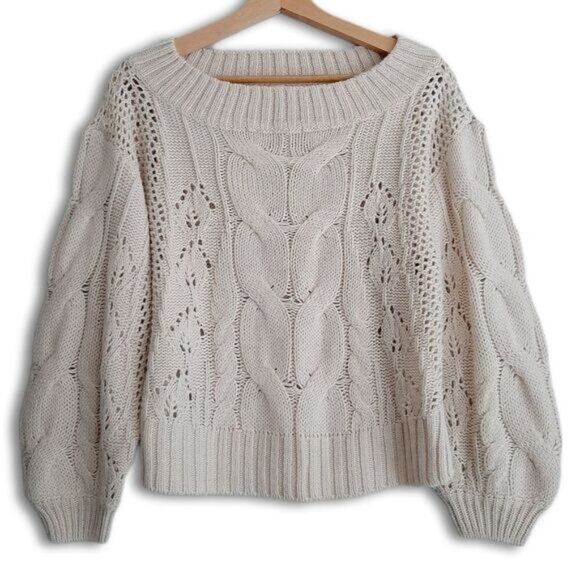 CLOTH by RD Cable Knit Scoop Neck Pullover Knit Sweater Puff Sleeve White Sz XS - Picture 1 of 16